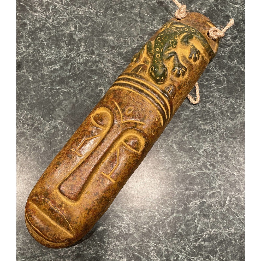 Vintage Mayan Aztec Clay Tiki Totem Warrior 18” X 6” ~ Heavy Totem
